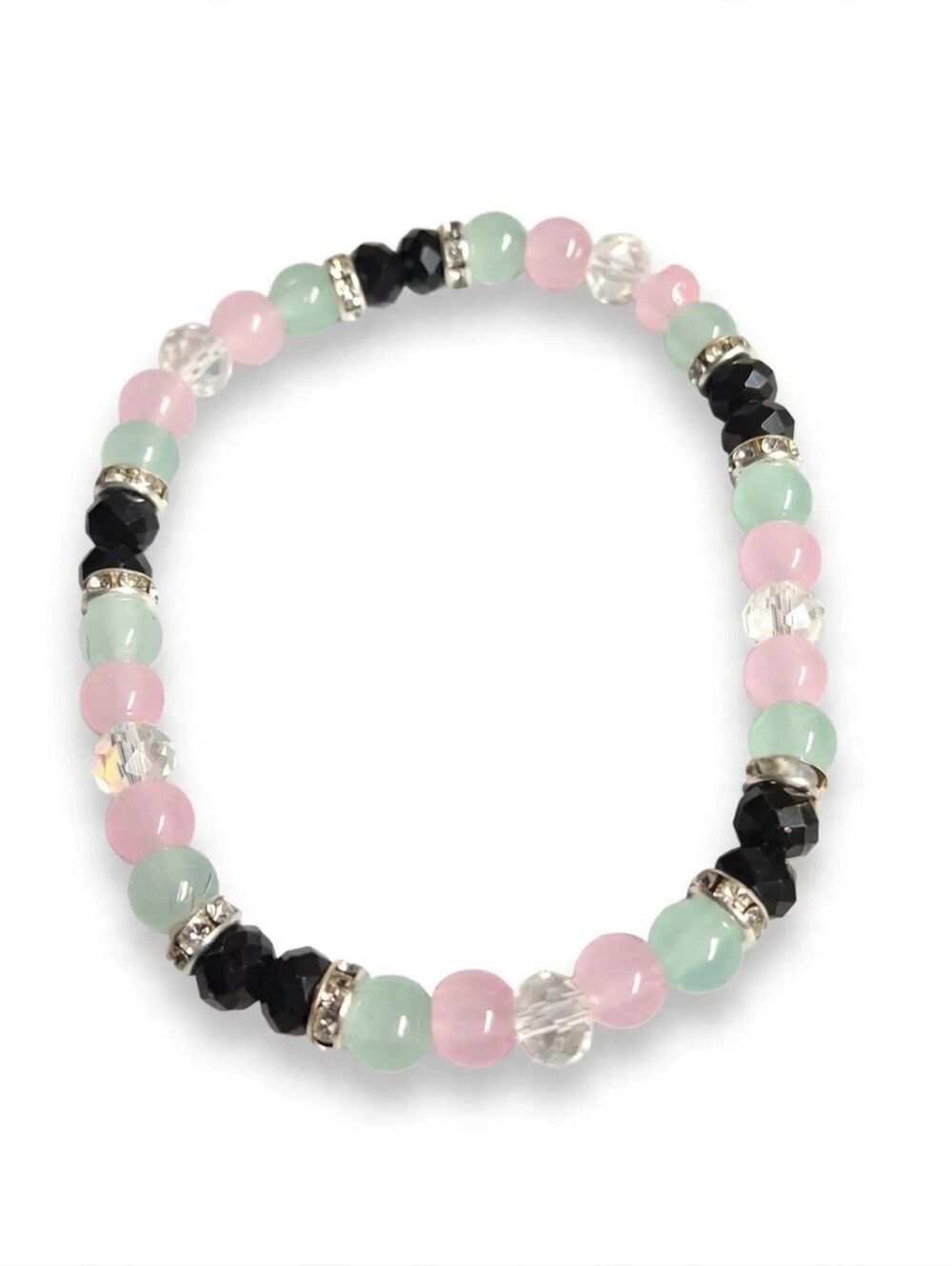 Beaded Pink & Mint Stretch Bracelet with Black Accents